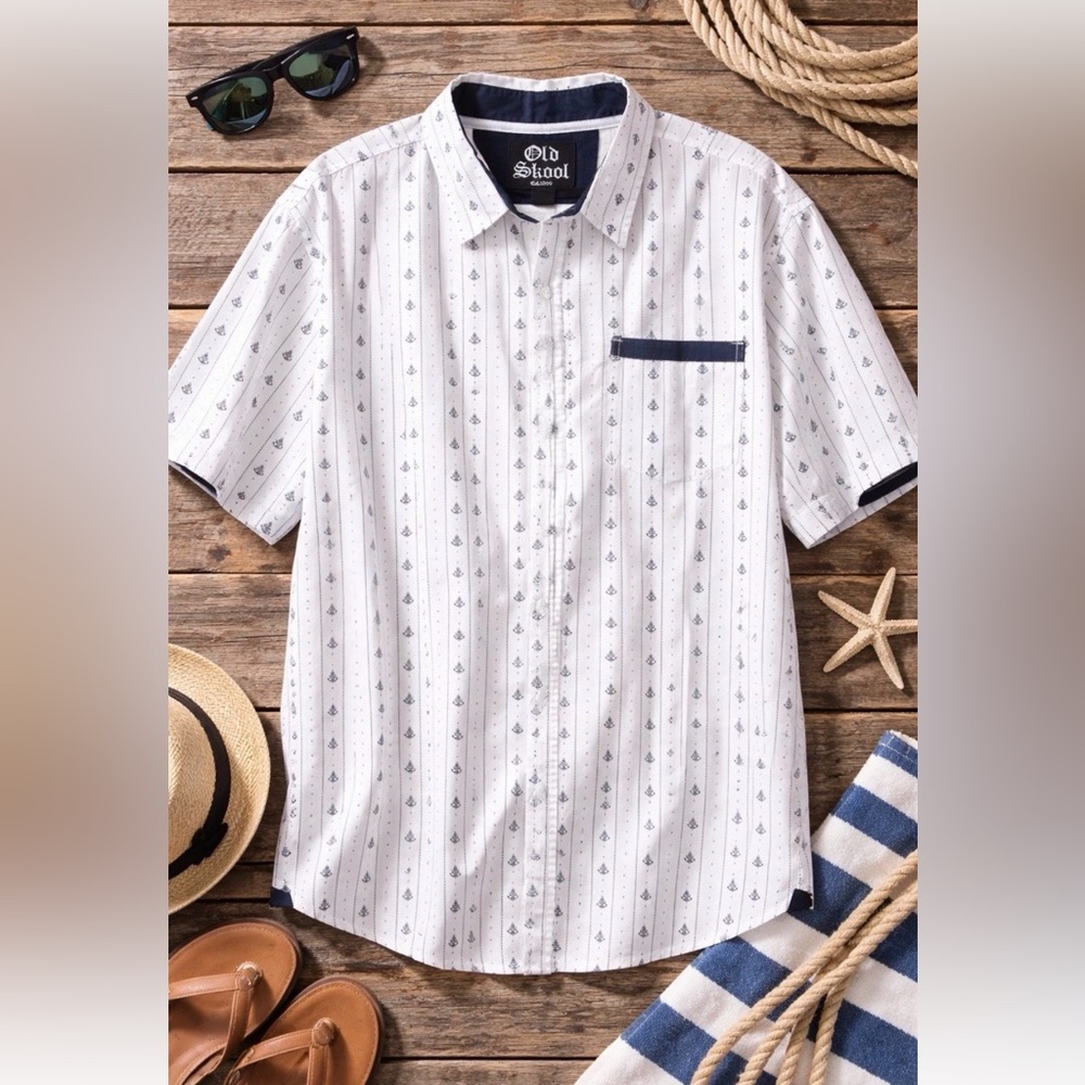 Old Skool 5X Button Up Shirt White‎ Navy Anchor Print Short Sleeve Cotton